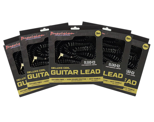 Precision Audio 5 Pack 1/4" To 1/4" 6.35mm Deluxe Coil Studio Guitar Lead Straight to Straight GLEADC3 3m